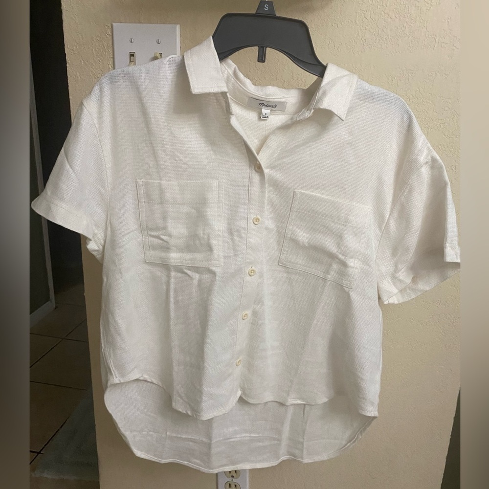 NEW with tags: MADEWELL Womens Ivory Linen-Blend Breezewoven Crop Button Top, S